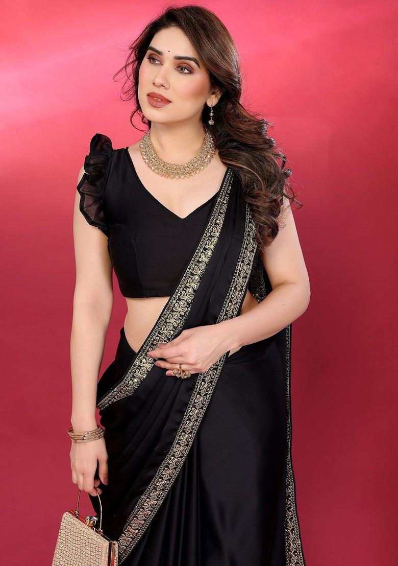 Black Embroidered Blended Saree Set - Indya