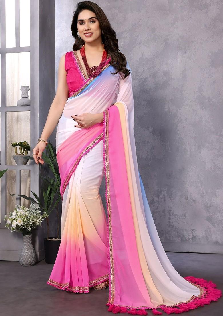Multi Embroidered Blended Saree Set - Indya