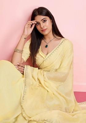 Cream Sequin Embellished Blended Saree Set