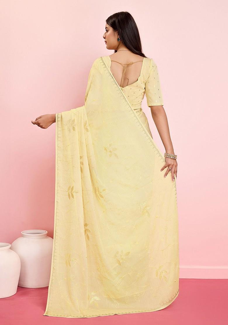 Cream Sequin Embellished Blended Saree Set - Indya