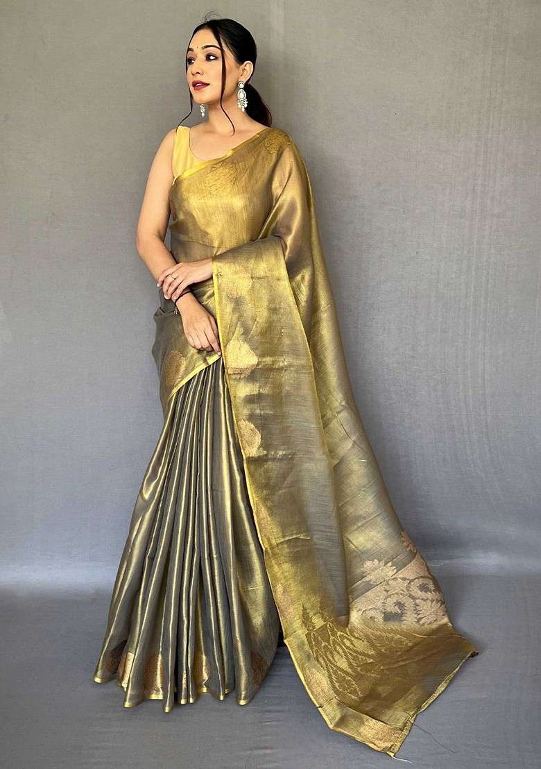Gold Embroidered Blended Saree Set for Diwali and Festive Wear - Indya