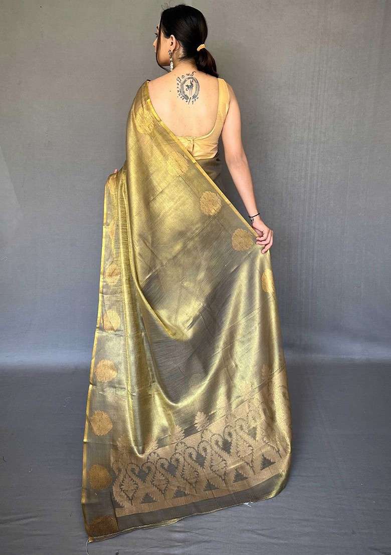 Gold Embroidered Blended Saree Set for Diwali and Festive Wear - Indya