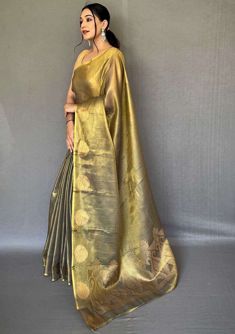 Gold Embroidered Blended Saree Set for Diwali and Festive Wear - Indya