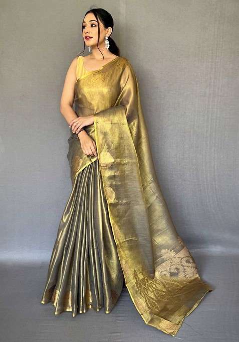 Gold Embroidered Blended Saree Set for Diwali and Festive Wear