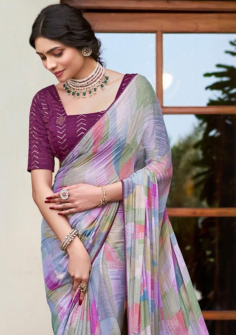 Multi Printed Blended Saree Set - Indya