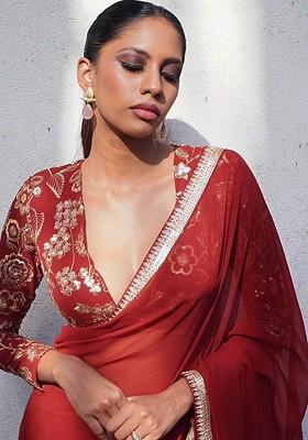 Red Embroidered Blended Saree Set