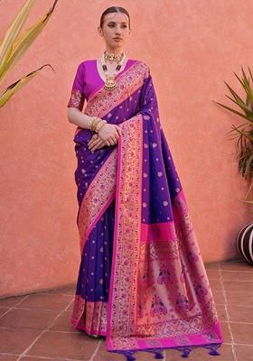 Purple Jacquard Blended Saree Set