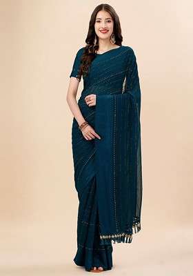 Teal Embroidered Blended Saree Set