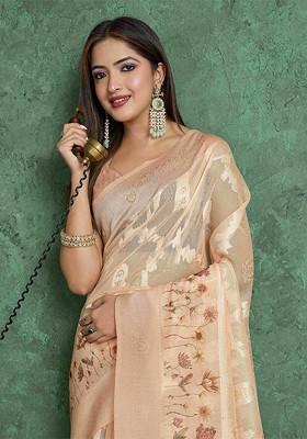 Beige Printed Blended Saree Set