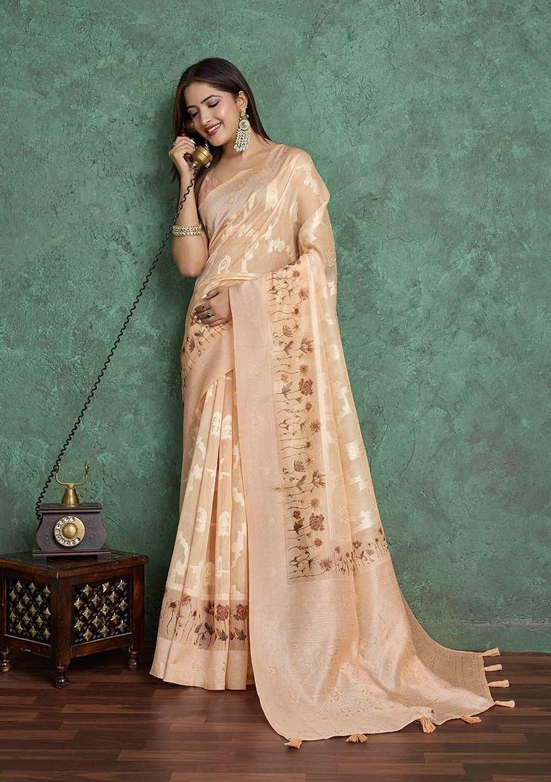 Beige Printed Blended Saree Set - Indya