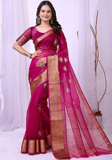 Pink Sequin Embellished Blended Saree Set — view on Indya