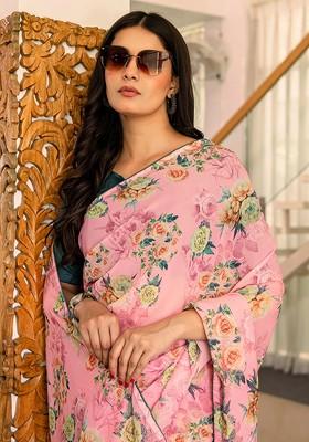 Pink Printed Blended Saree Set