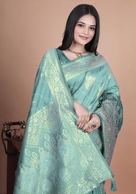 Blue Jacquard Blended Saree Set