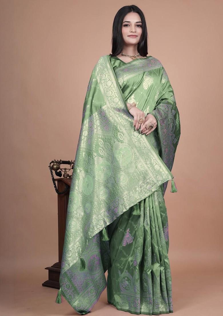 Green Jacquard Blended Saree Set - Indya