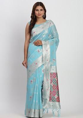 Turquoise Blue Embroidered Blended Saree Set