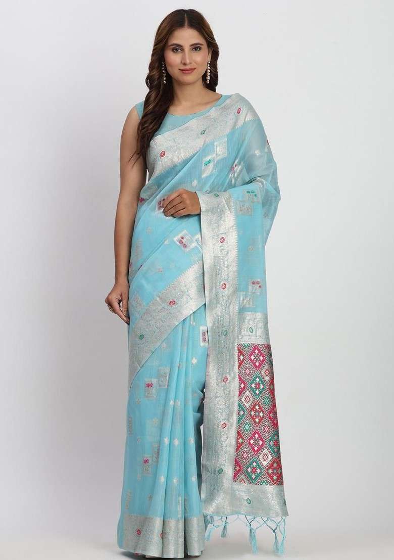Turquoise Blue Embroidered Blended Saree Set - Indya