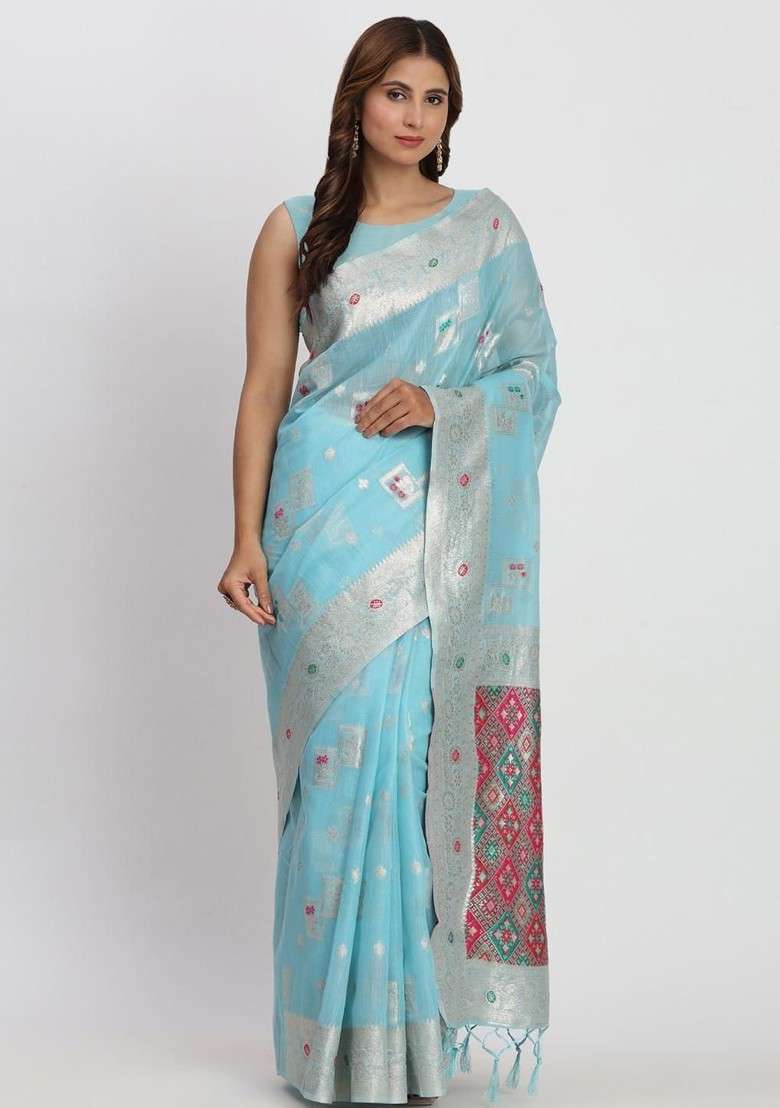 Turquoise Blue Embroidered Blended Saree Set - Indya