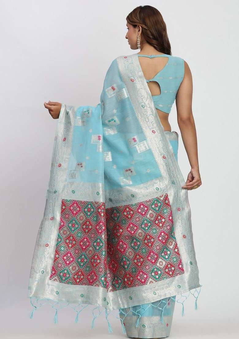 Turquoise Blue Embroidered Blended Saree Set - Indya