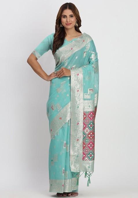 Blue Embroidered Blended Saree Set