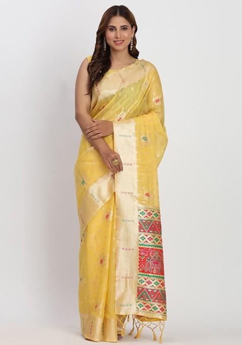 Yellow Embroidered Blended Saree Set