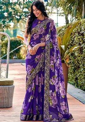 Purple Printed Blended Saree Set