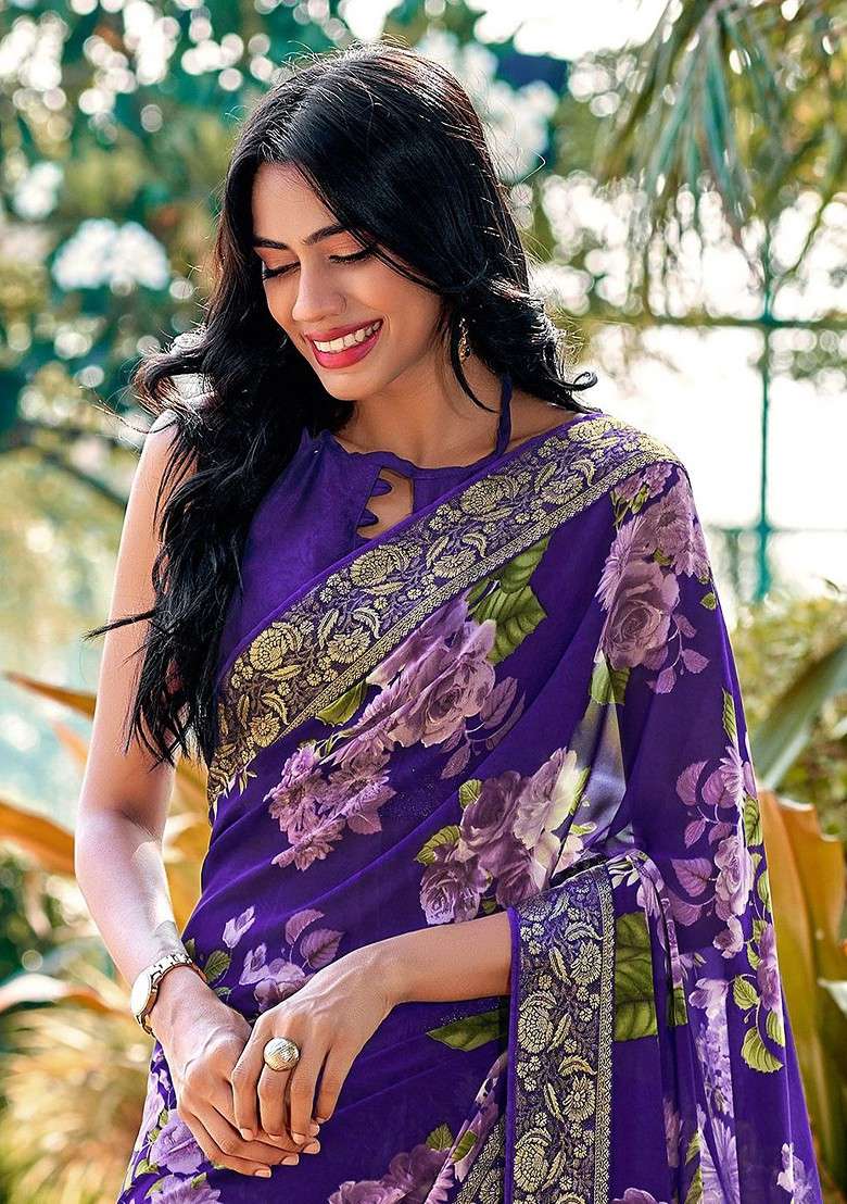 Purple Printed Blended Saree Set - Indya