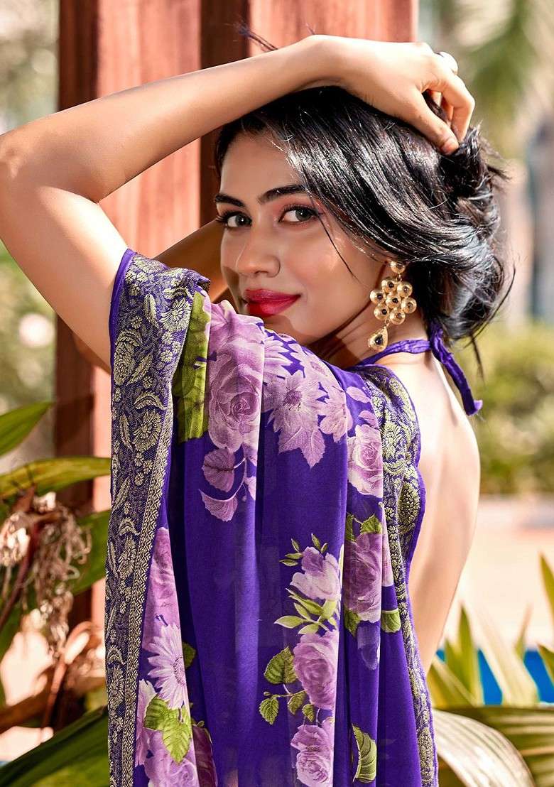 Purple Printed Blended Saree Set - Indya