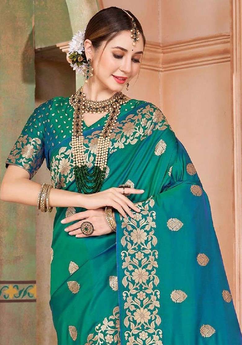 Green Embellished Blended Saree Set for Diwali and Festive Wear - Indya