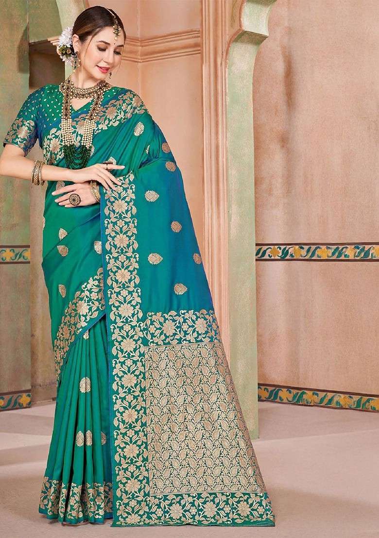 Green Embellished Blended Saree Set for Diwali and Festive Wear - Indya