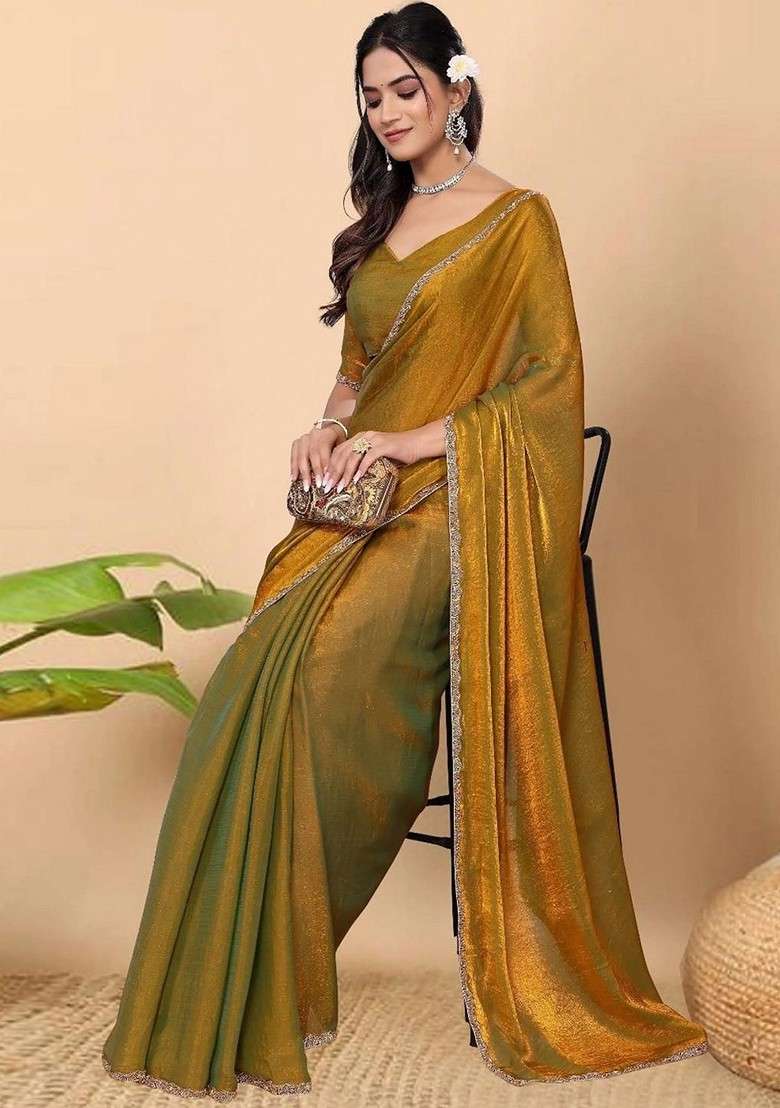 Gold Embellished Blended Saree Set for Diwali | Wedding & Festive Wear - Indya