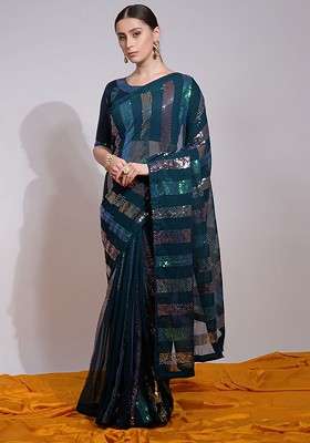 Teal Embroidered Blended Saree Set