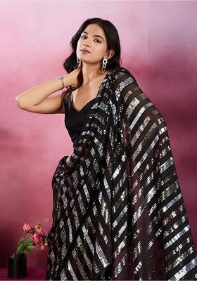 Black Embellished Blended Saree Set