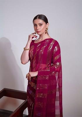 Rose Sequin Embellished Blended Saree Set