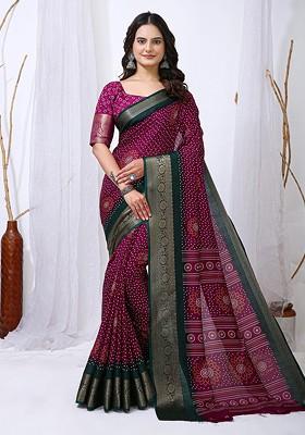 Purple Printed Blended Saree Set