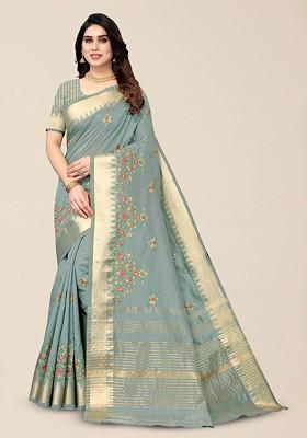 Turquoise Blue Embroidered Blended Saree Set