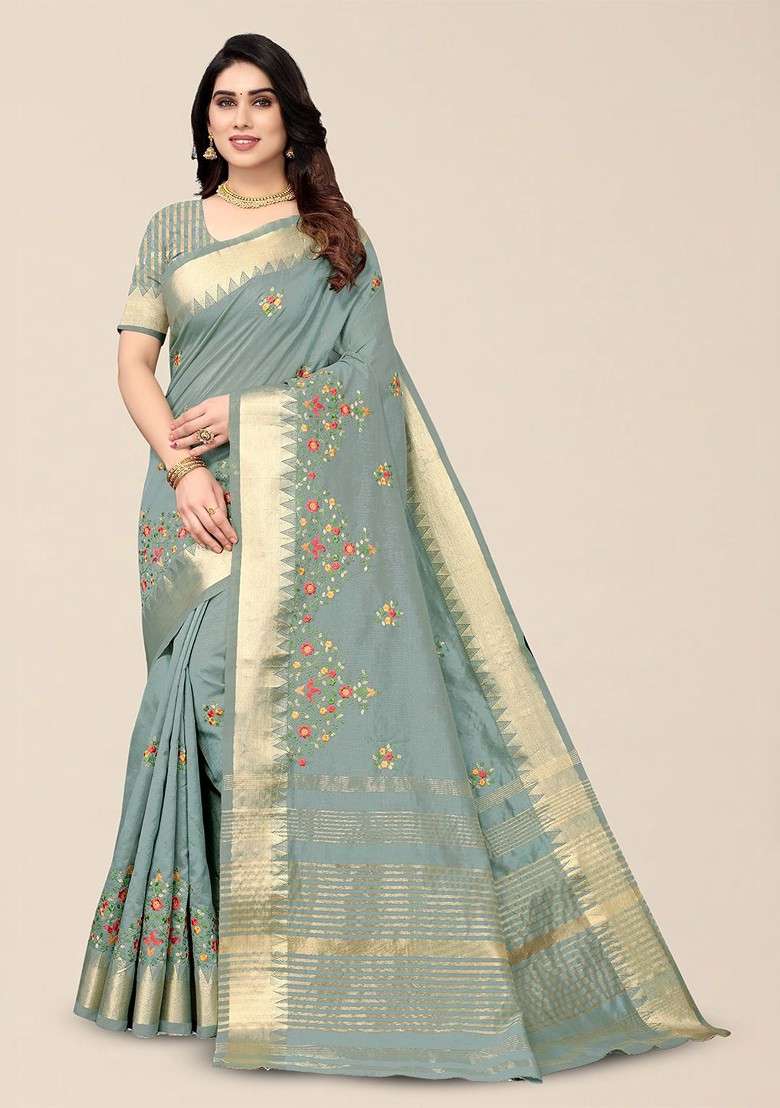 Turquoise Blue Blended Saree Set with Embroidered for Diwali | Wedding & Festive Wear - Indya