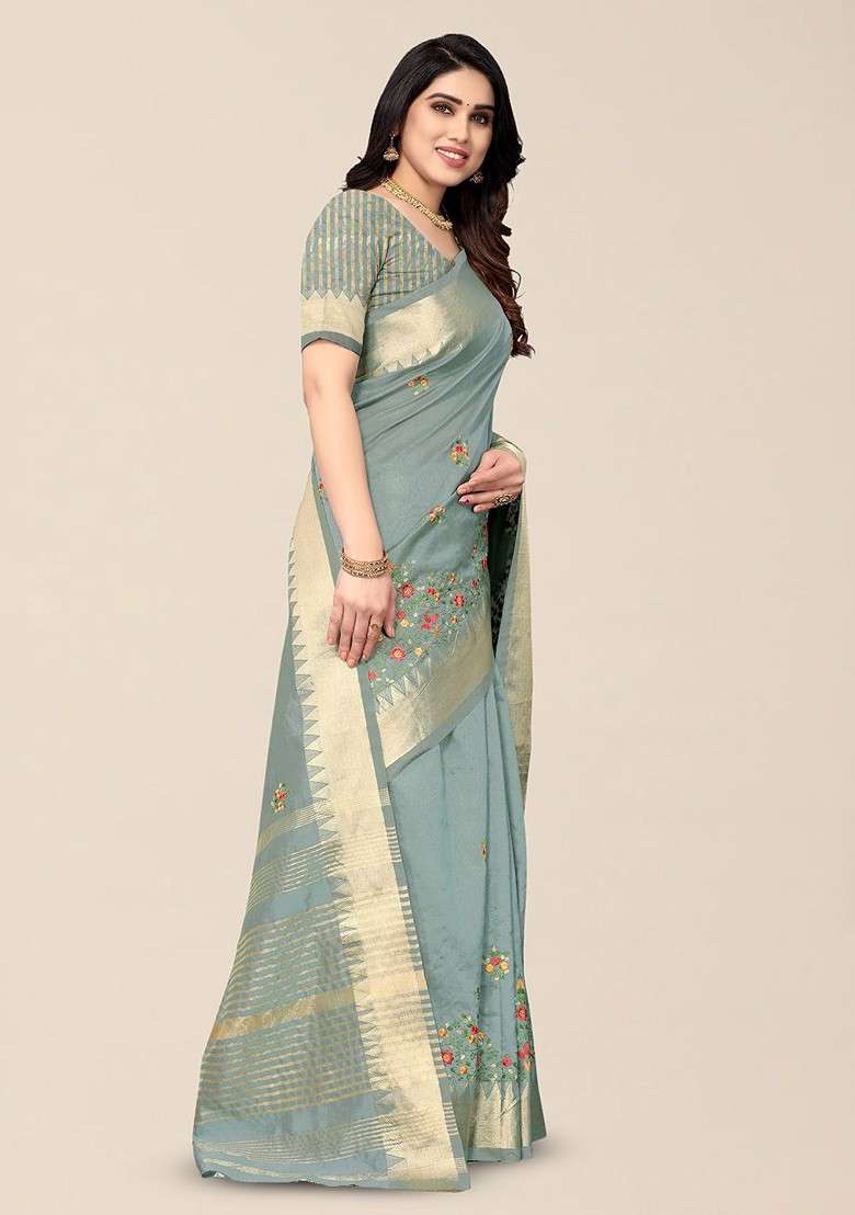 Turquoise Blue Blended Saree Set with Embroidered for Diwali | Wedding & Festive Wear - Indya