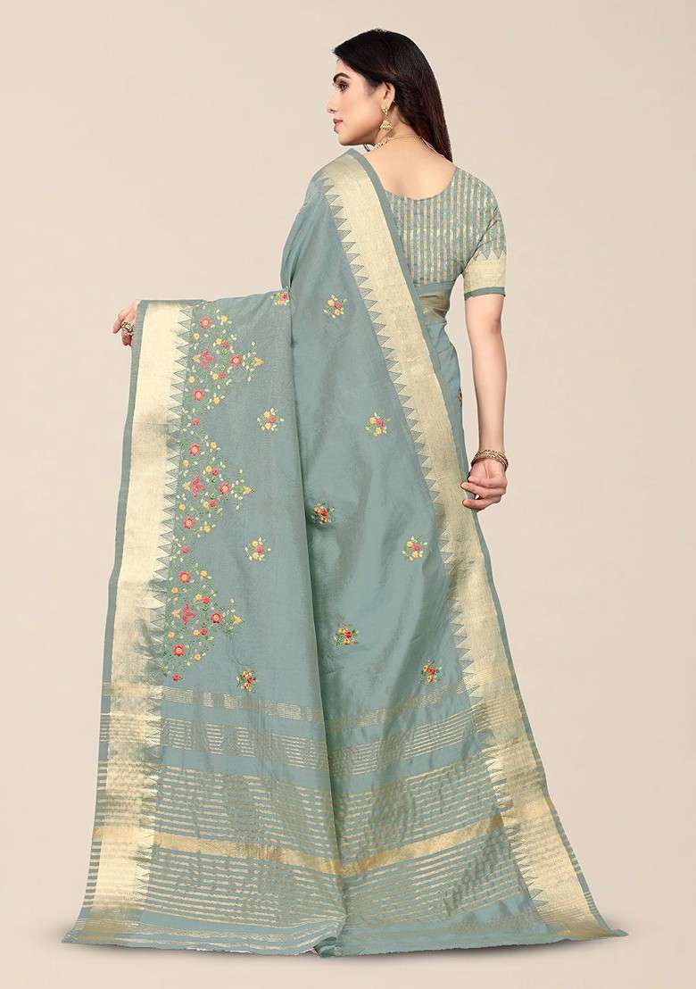 Turquoise Blue Blended Saree Set with Embroidered for Diwali | Wedding & Festive Wear - Indya