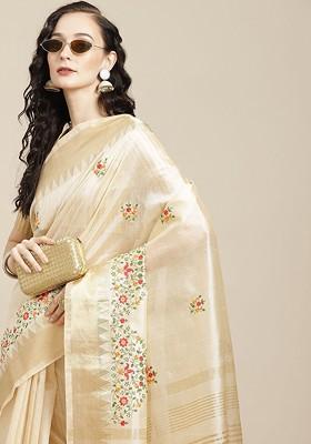 Cream Embroidered Blended Saree Set