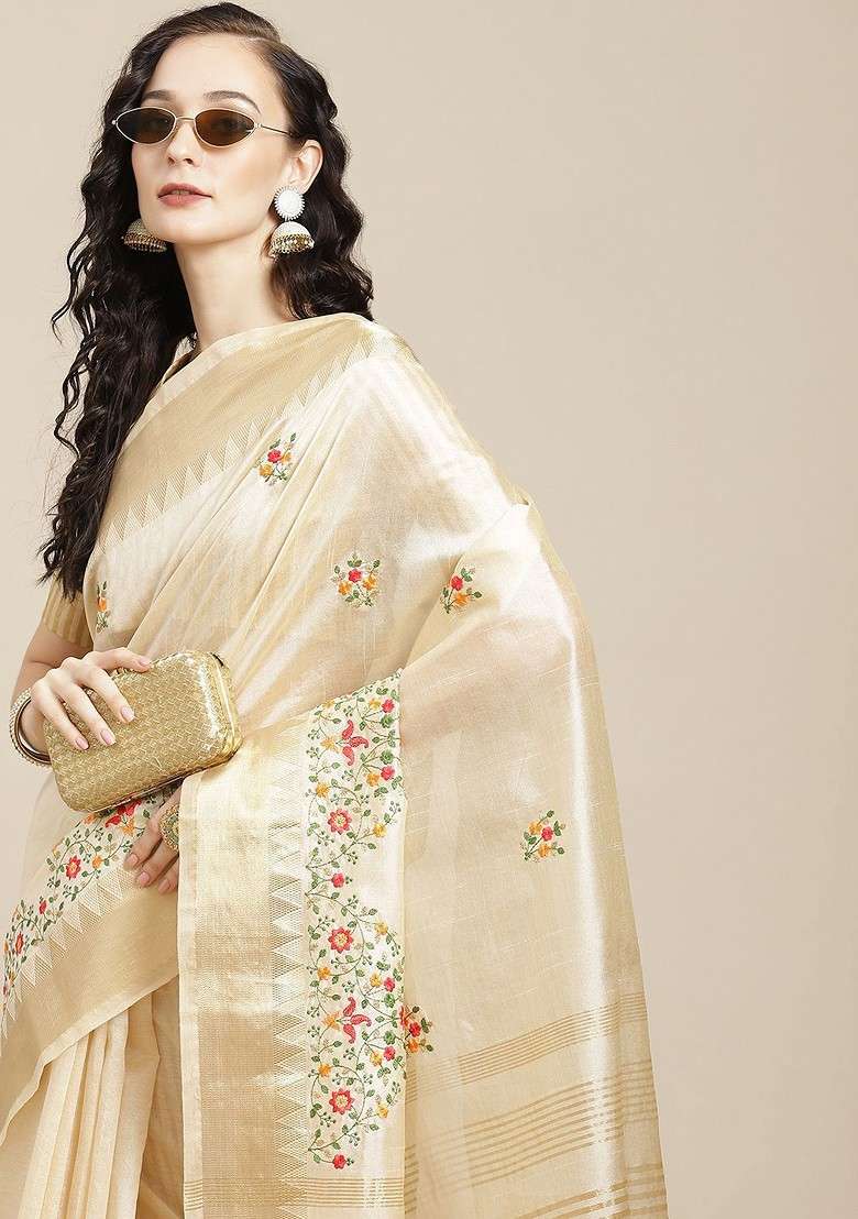 Cream Blended Saree Set with Embroidered for Diwali | Wedding & Festive Wear - Indya