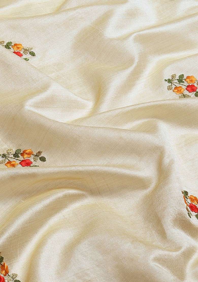 Cream Blended Saree Set with Embroidered for Diwali | Wedding & Festive Wear - Indya