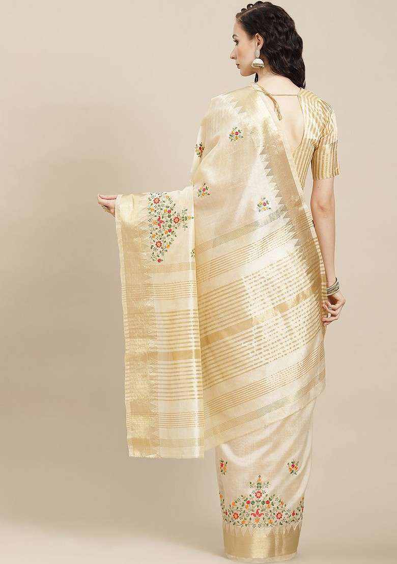Cream Blended Saree Set with Embroidered for Diwali | Wedding & Festive Wear - Indya
