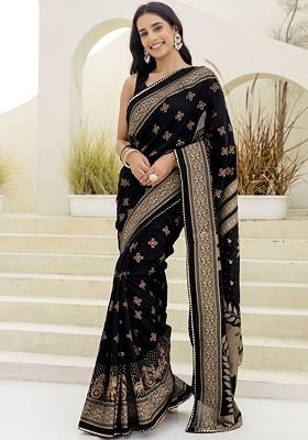 Black Embroidered Blended Saree Set