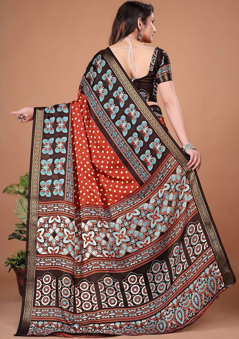 Rust Blended Saree Set with Printed for Diwali | Wedding & Festive Wear - Indya