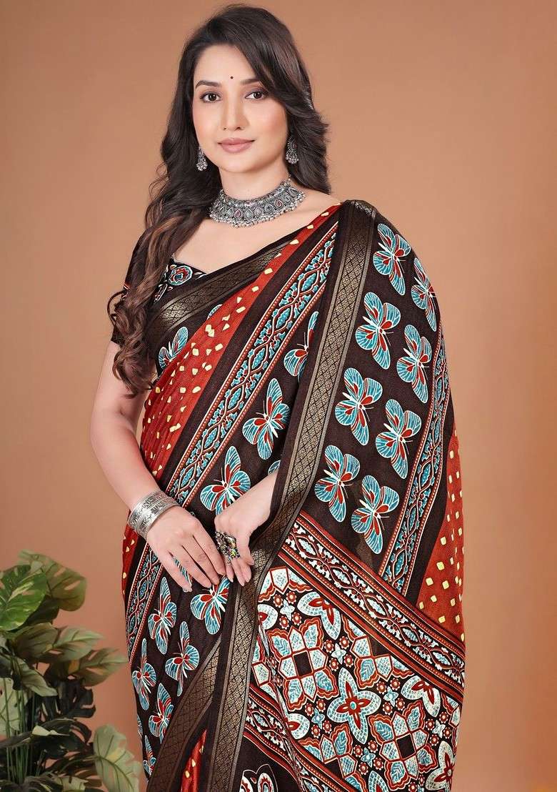 Rust Blended Saree Set with Printed for Diwali | Wedding & Festive Wear - Indya