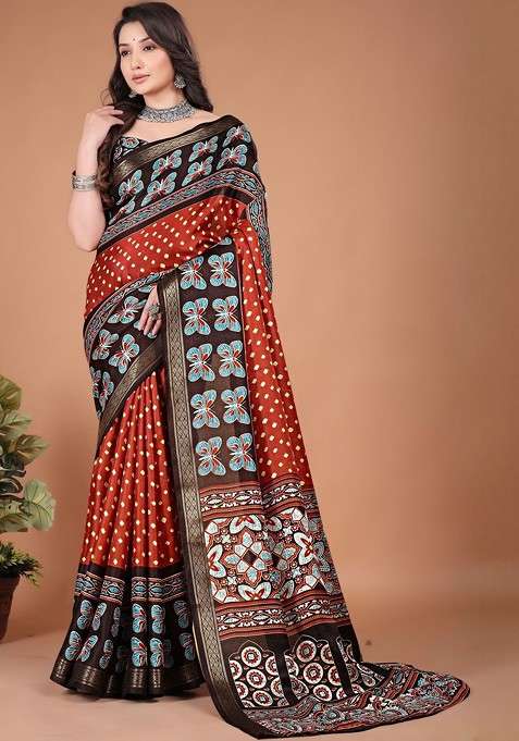 Rust Blended Saree Set with Printed for Diwali | Wedding & Festive Wear