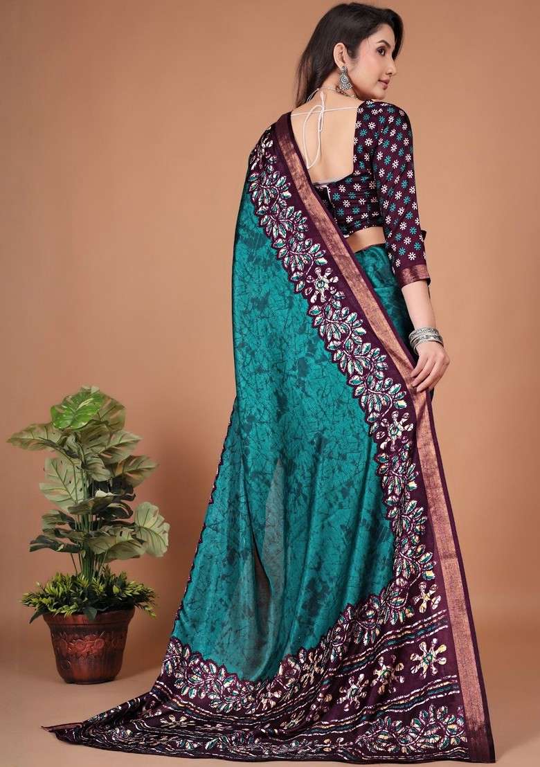 Teal Bagru Printed Blended Saree Set - Indya