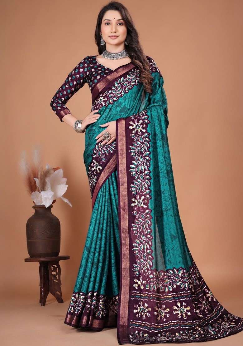 Teal Bagru Printed Blended Saree Set - Indya