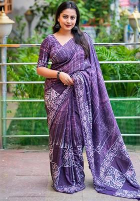 Purple Bagru Printed Blended Saree Set