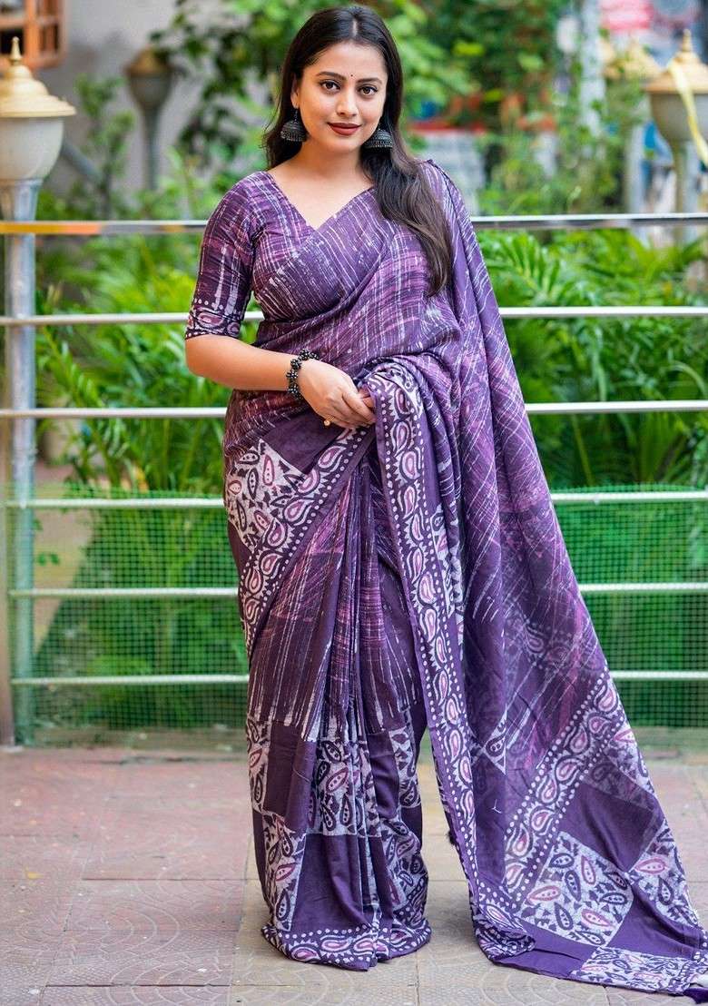 Purple Bagru Blended Saree Set with Printed for Diwali | Wedding & Festive Wear - Indya